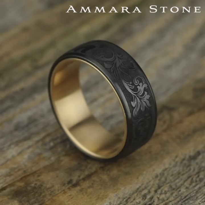 The Palace Men's Wedding Band in 14K Yellow Gold and Black Titanium - 8mm Width by Ammara Stone
