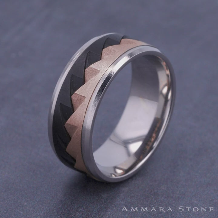The Range Men's Wedding Band in 14K White and Rose Gold and Black Titanium - 9mm Width by Ammara Stone