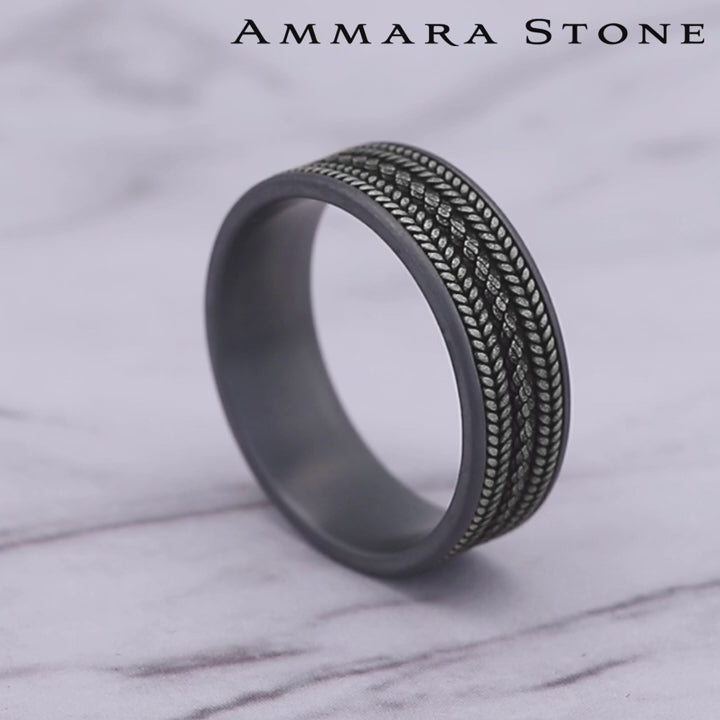The Cordovan Men's Wedding Band in Grey Tantalum and 14K White Gold - 7.5mm Width by Ammara Stone