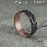 The Wood Grain Men's Wedding Band in 14K Rose Gold and Grey Tantalum - 6.5mm Width by Ammara Stone