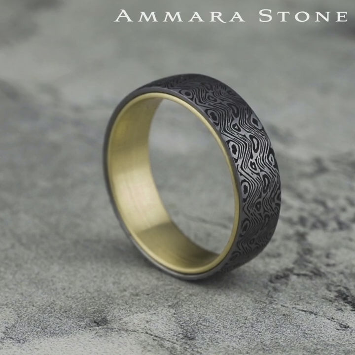 The Wave Men's Wedding Band in 14K Yellow Gold and Grey Tantalum - 6.5mm Width by Ammara Stone
