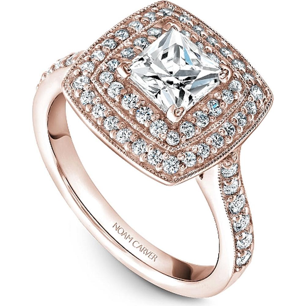 Princess Cut Diamond Engagement Ring with Double Halo and Pavé Band in Rose Gold by Noam Carver<em> - Choose Your Center Diamond: 1 to 5 Carats, Sustainable Lab-Grown or Natural Earth-Mined</em>
