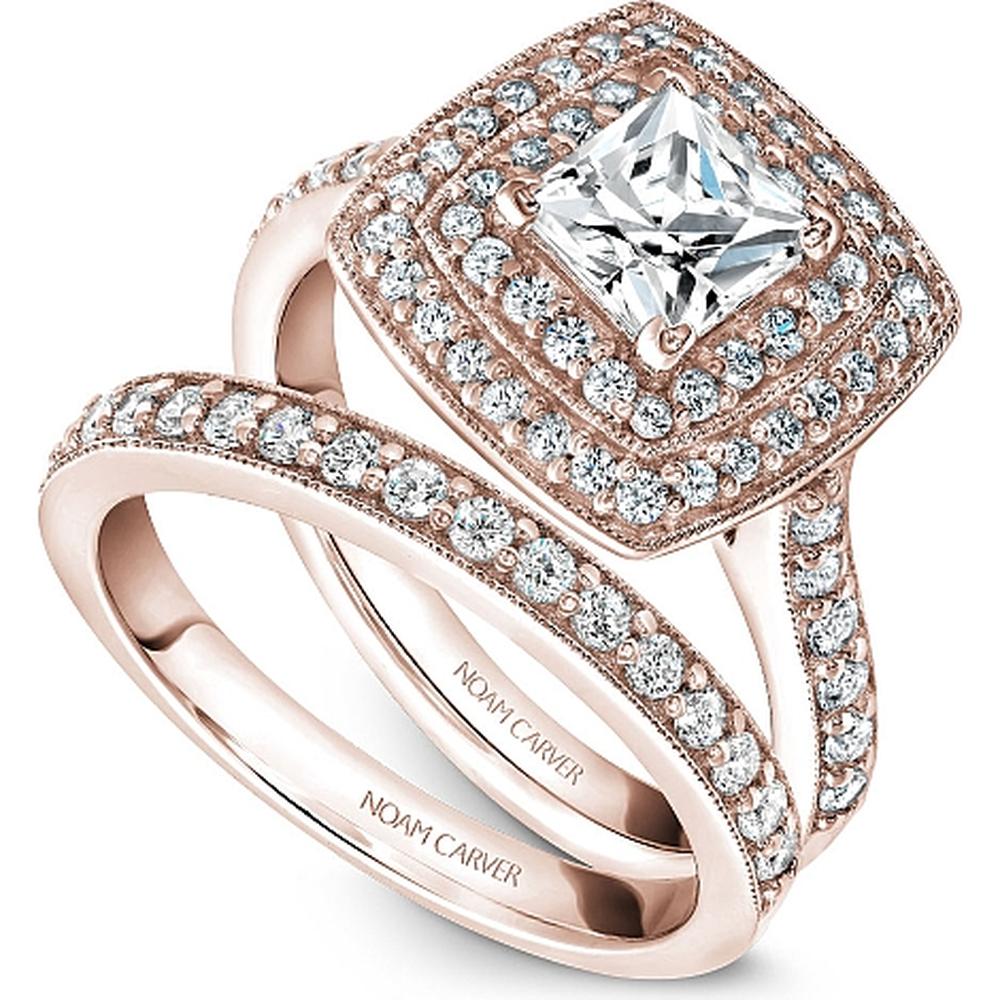 Princess Cut Diamond Engagement Ring with Double Halo and Pavé Band in Rose Gold by Noam Carver<em> - Choose Your Center Diamond: 1 to 5 Carats, Sustainable Lab-Grown or Natural Earth-Mined</em>