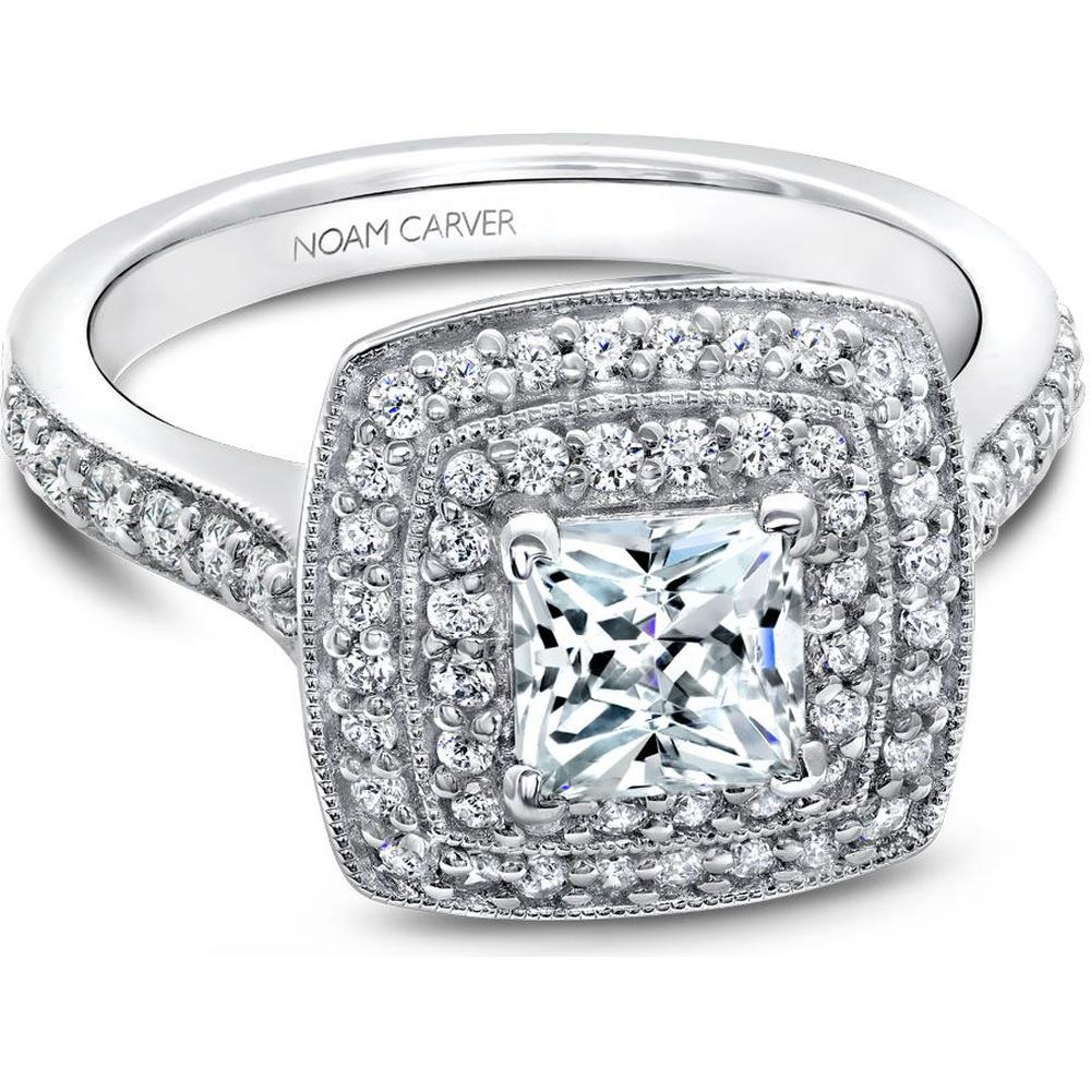 Princess Cut Diamond Engagement Ring with Double Halo and Pavé Band in White Gold by Noam Carver<em> - Choose Your Center Diamond: 1 to 5 Carats, Sustainable Lab-Grown or Natural Earth-Mined</em>
