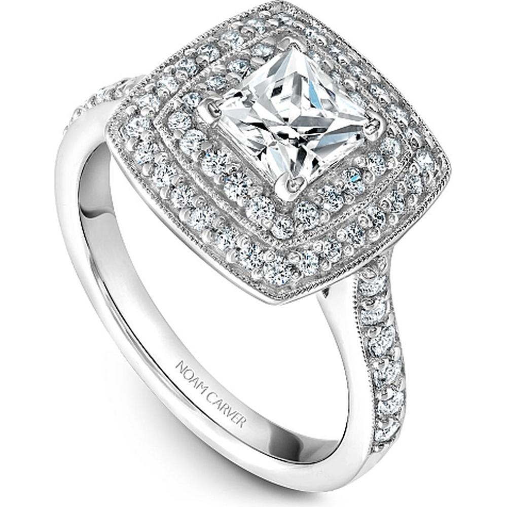 Princess Cut Diamond Engagement Ring with Double Halo and Pavé Band in White Gold by Noam Carver<em> - Choose Your Center Diamond: 1 to 5 Carats, Sustainable Lab-Grown or Natural Earth-Mined</em>