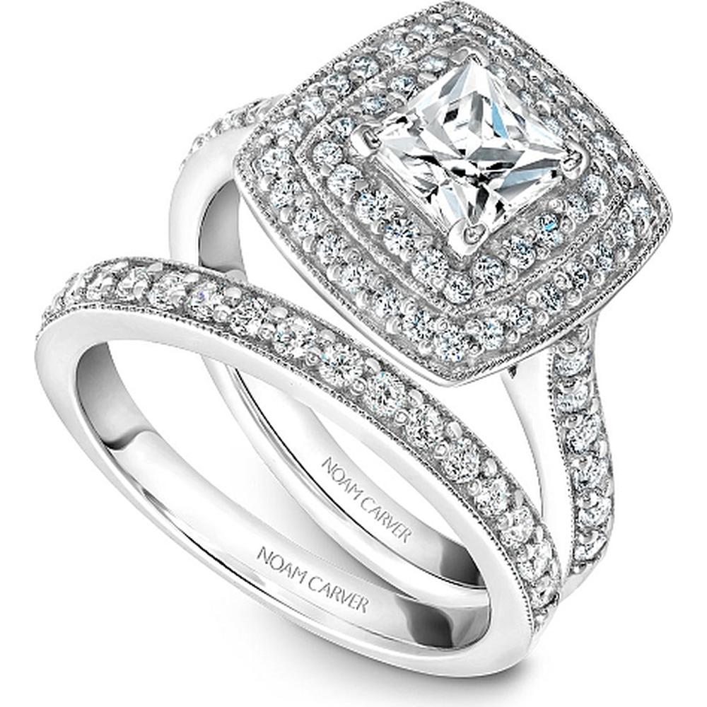 Princess Cut Diamond Engagement Ring with Double Halo and Pavé Band in White Gold by Noam Carver<em> - Choose Your Center Diamond: 1 to 5 Carats, Sustainable Lab-Grown or Natural Earth-Mined</em>