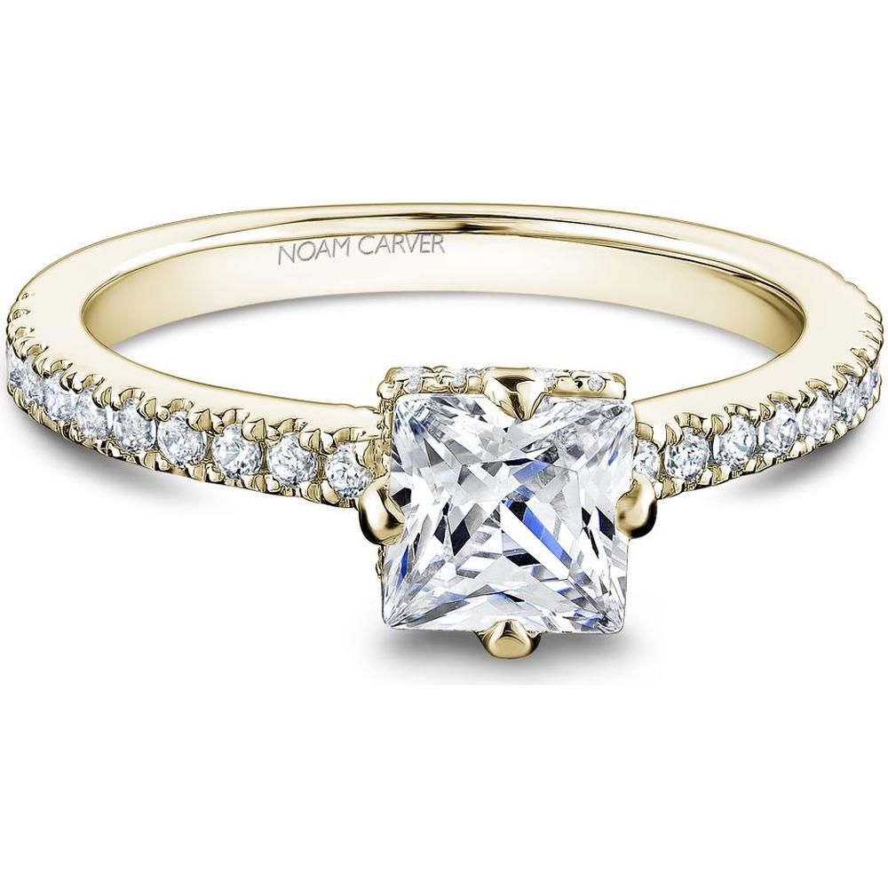 Princess Cut Diamond Engagement Ring with Four-Prong Setting and Pavé Band in Yellow Gold by Noam Carver<em> - Choose Your Center Diamond: 1 to 5 Carats, Sustainable Lab-Grown or Natural Earth-Mined</em>