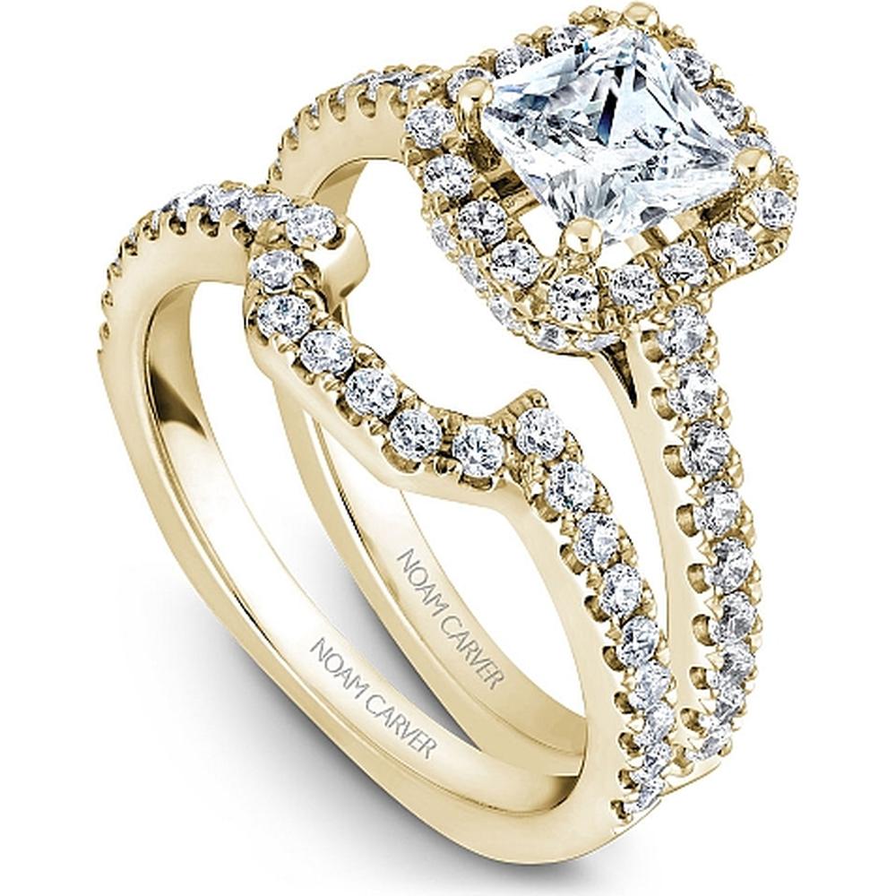 Princess Cut Diamond Engagement Ring with Halo Setting and Pav&eacute; Band in Yellow Gold by Noam Carver<em> - Choose Your Center Diamond: 1 to 5 Carats, Sustainable Lab-Grown or Natural Earth-Mined</em>