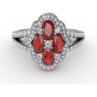 Quatrefoil Cluster Ring with Oval Rubies and Pavé Diamonds by Fana - 1.93 Carat Total Gemstone Weight