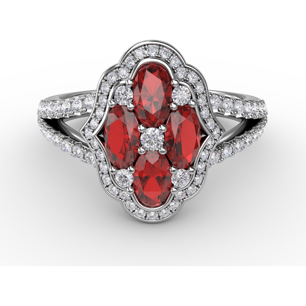 Quatrefoil Cluster Ring with Oval Rubies and Pavé Diamonds by Fana - 1.93 Carat Total Gemstone Weight