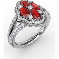 Quatrefoil Cluster Ring with Oval Rubies and Pavé Diamonds by Fana - 1.93 Carat Total Gemstone Weight