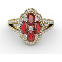 Quatrefoil Cluster Ring with Oval Rubies and Pavé Diamonds by Fana - 1.93 Carat Total Gemstone Weight