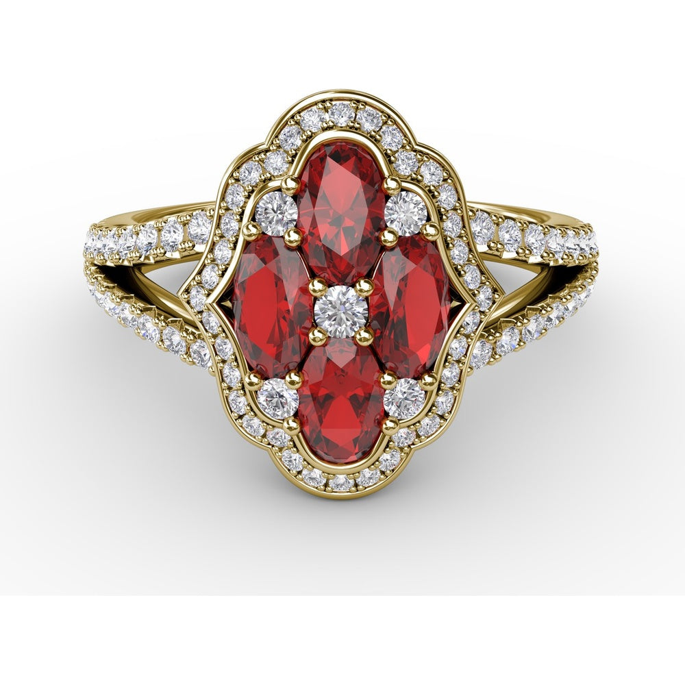 Quatrefoil Cluster Ring with Oval Rubies and Pavé Diamonds by Fana - 1.93 Carat Total Gemstone Weight