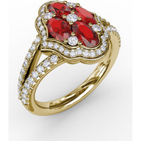 Quatrefoil Cluster Ring with Oval Rubies and Pavé Diamonds by Fana - 1.93 Carat Total Gemstone Weight