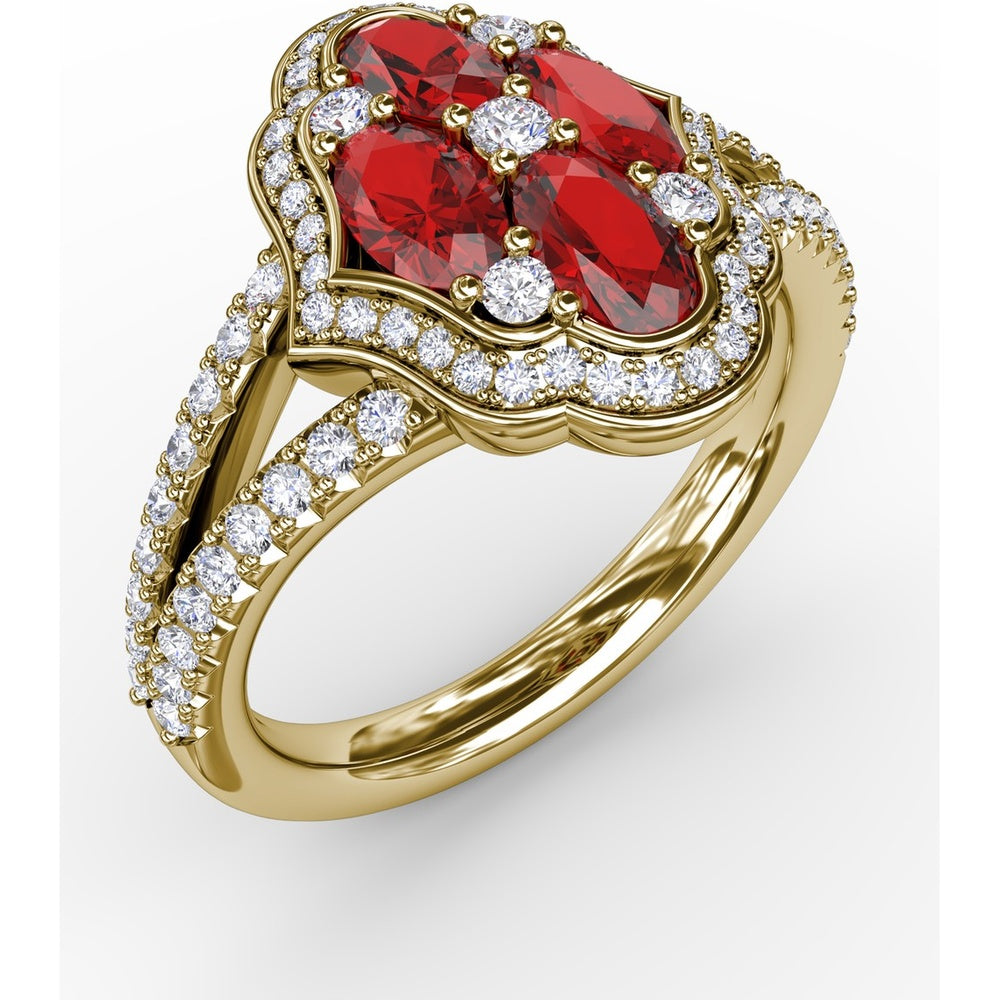 Quatrefoil Cluster Ring with Oval Rubies and Pavé Diamonds by Fana - 1.93 Carat Total Gemstone Weight