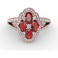 Quatrefoil Cluster Ring with Oval Rubies and Pavé Diamonds by Fana - 1.93 Carat Total Gemstone Weight