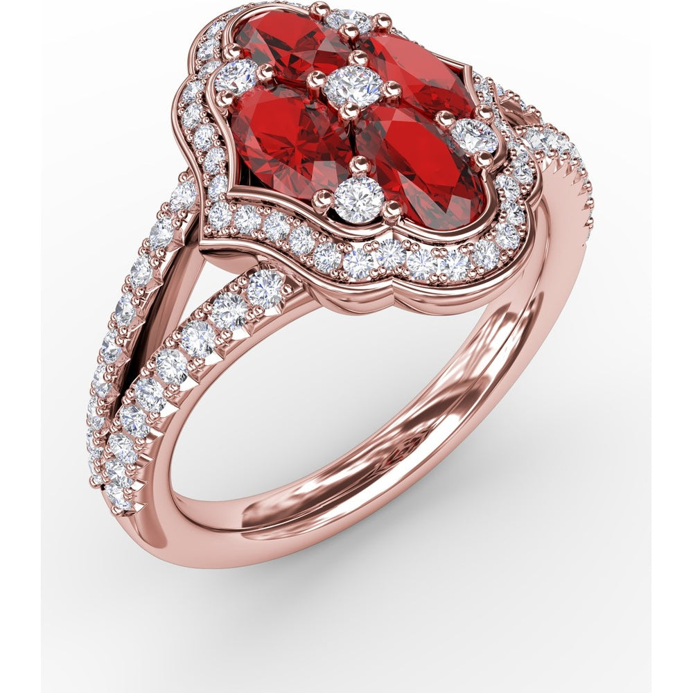 Quatrefoil Cluster Ring with Oval Rubies and Pavé Diamonds by Fana - 1.93 Carat Total Gemstone Weight