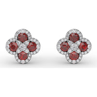 Quatrefoil Ruby and Diamond Cluster Stud Earrings by Fana - 1.47 Carat Total Gemstone Weight