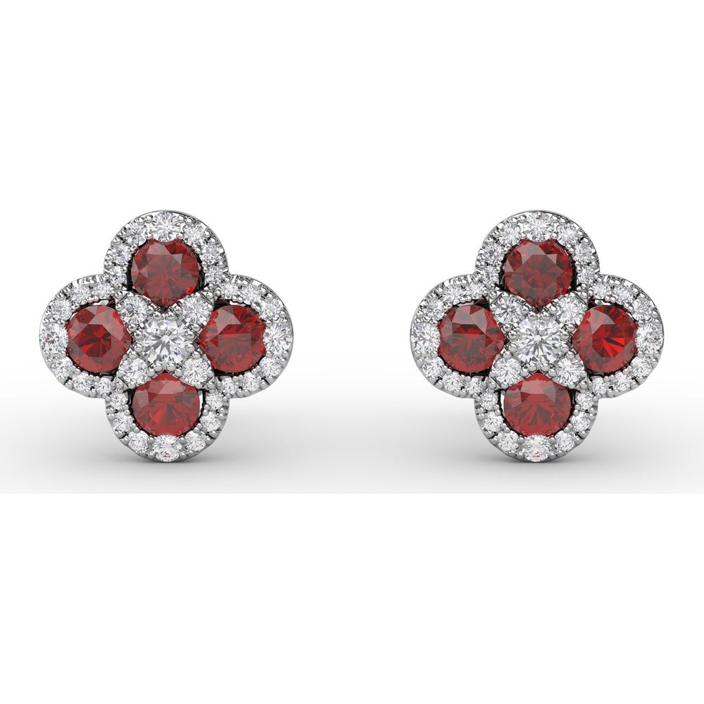 Quatrefoil Ruby and Diamond Cluster Stud Earrings by Fana - 1.47 Carat Total Gemstone Weight