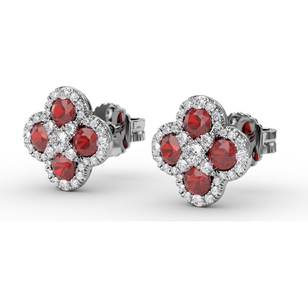 Quatrefoil Ruby and Diamond Cluster Stud Earrings by Fana - 1.47 Carat Total Gemstone Weight
