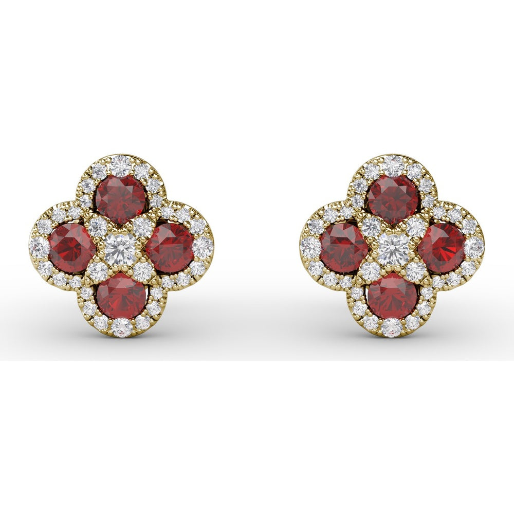 Quatrefoil Ruby and Diamond Cluster Stud Earrings by Fana - 1.47 Carat Total Gemstone Weight