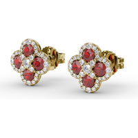 Quatrefoil Ruby and Diamond Cluster Stud Earrings by Fana - 1.47 Carat Total Gemstone Weight