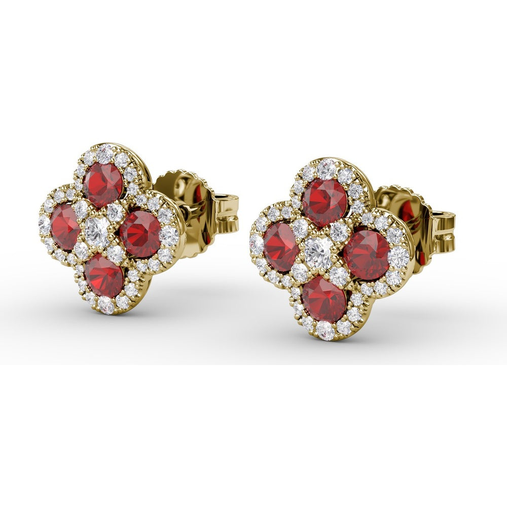 Quatrefoil Ruby and Diamond Cluster Stud Earrings by Fana - 1.47 Carat Total Gemstone Weight