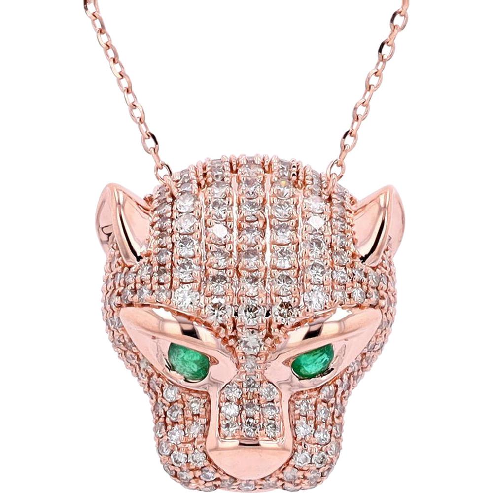 Radiant 14K Gold Panther Pendant with Diamond and Emerald Accents