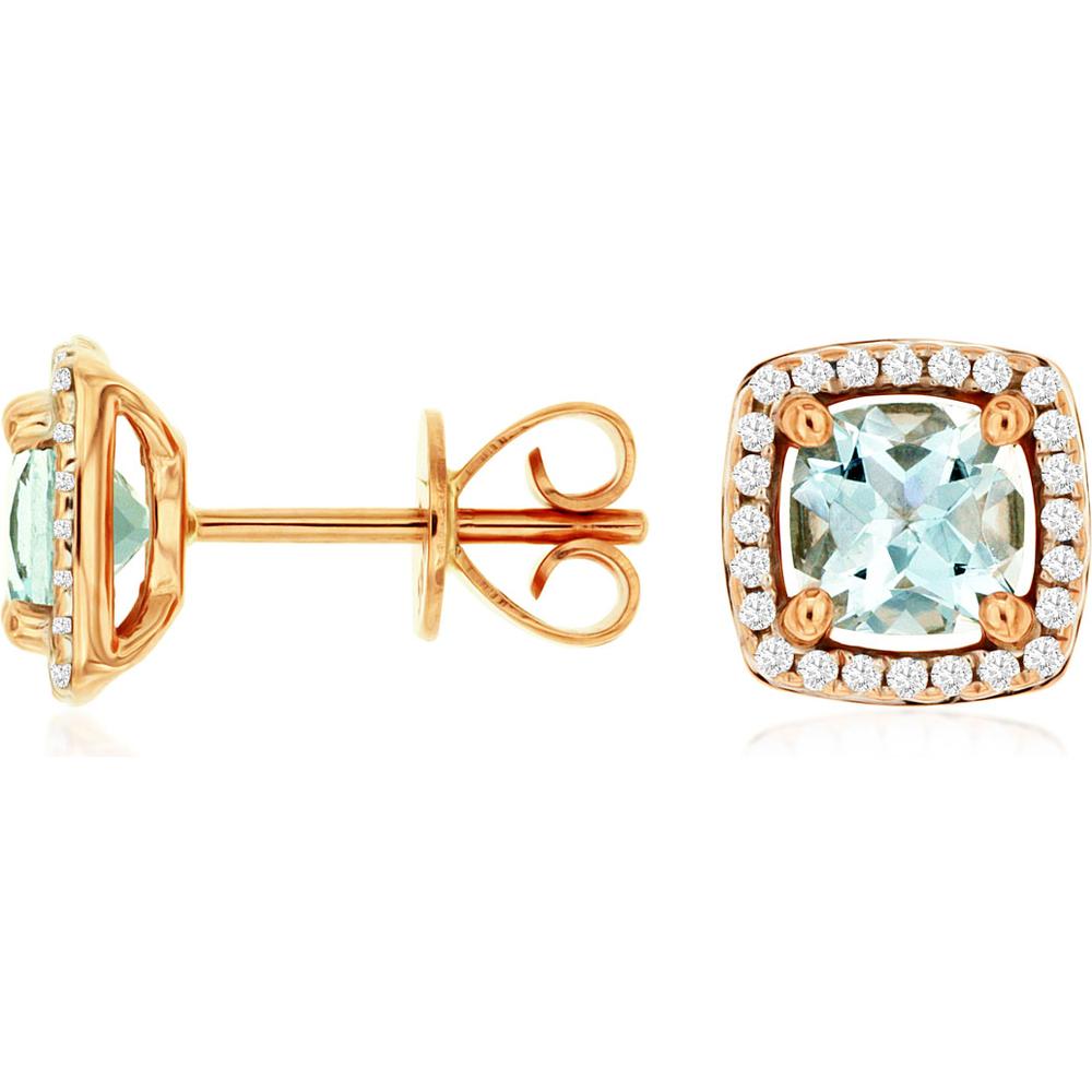 Radiant 14K Rose Gold Aqua & Diamond Halo Stud Earrings - 1.14 Carat Total Gem Weight