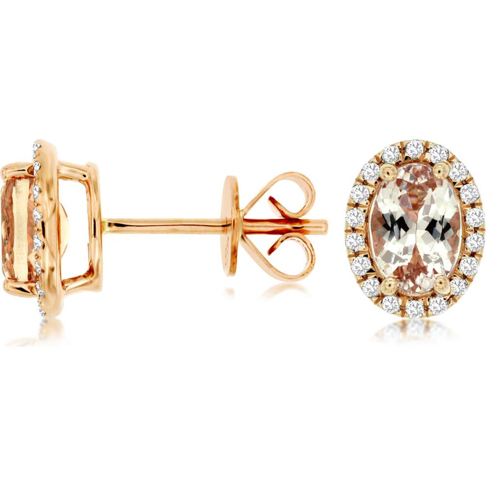 Radiant 14K Rose Gold Morganite & Diamond Halo Stud Earrings - 1.35 Carat Morganite, 0.19 Carat Diamonds