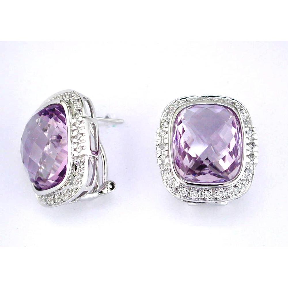 Radiant 14K White Gold Amethyst & Diamond Earrings - 18.50 Carat Amethyst, 0.32 Carat Diamonds