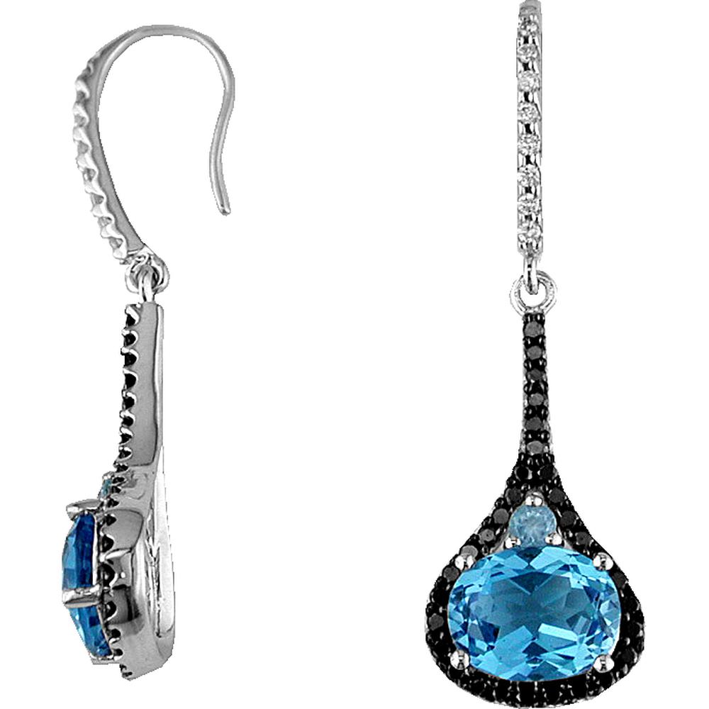 Radiant 14K White Gold Diamond, Black Diamond & Blue Topaz Earrings - 12 PT Total Diamond Weight - 4.75 Carat Blue Topaz