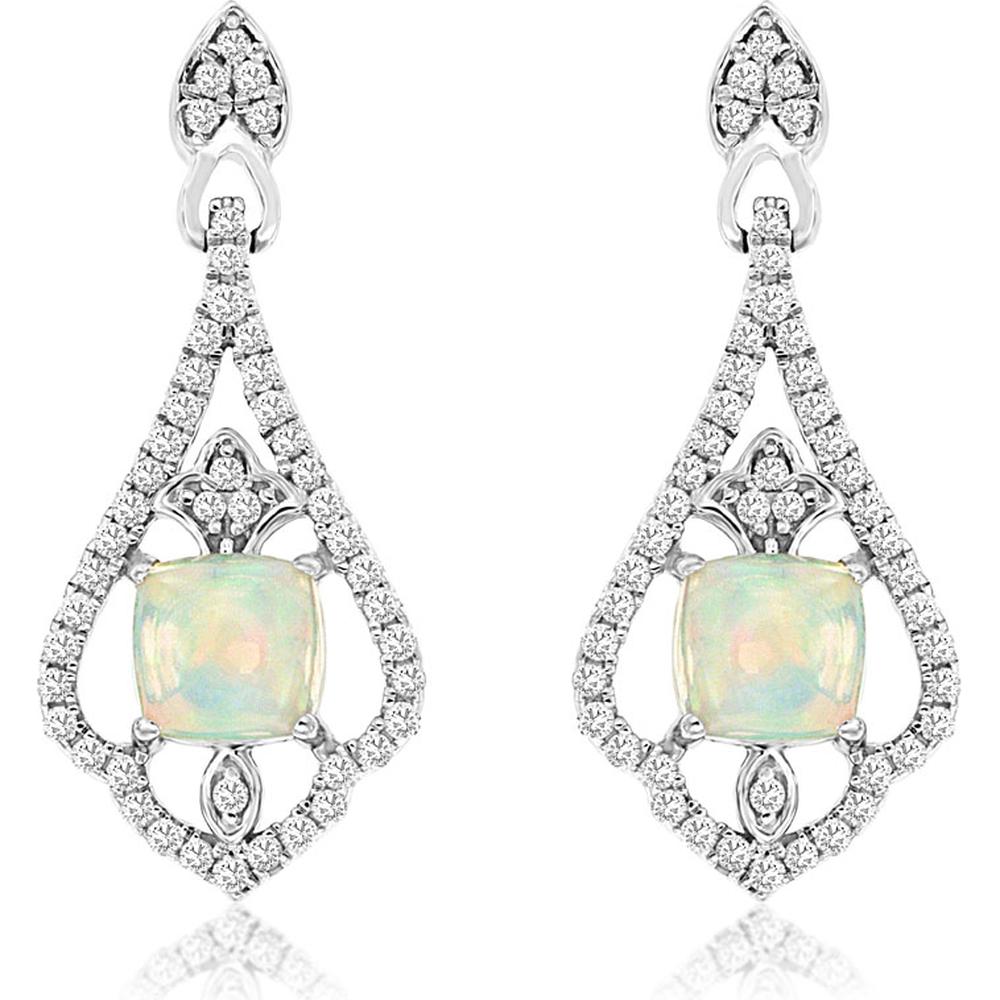 Radiant 14K White Gold Opal & Diamond Halo Earrings