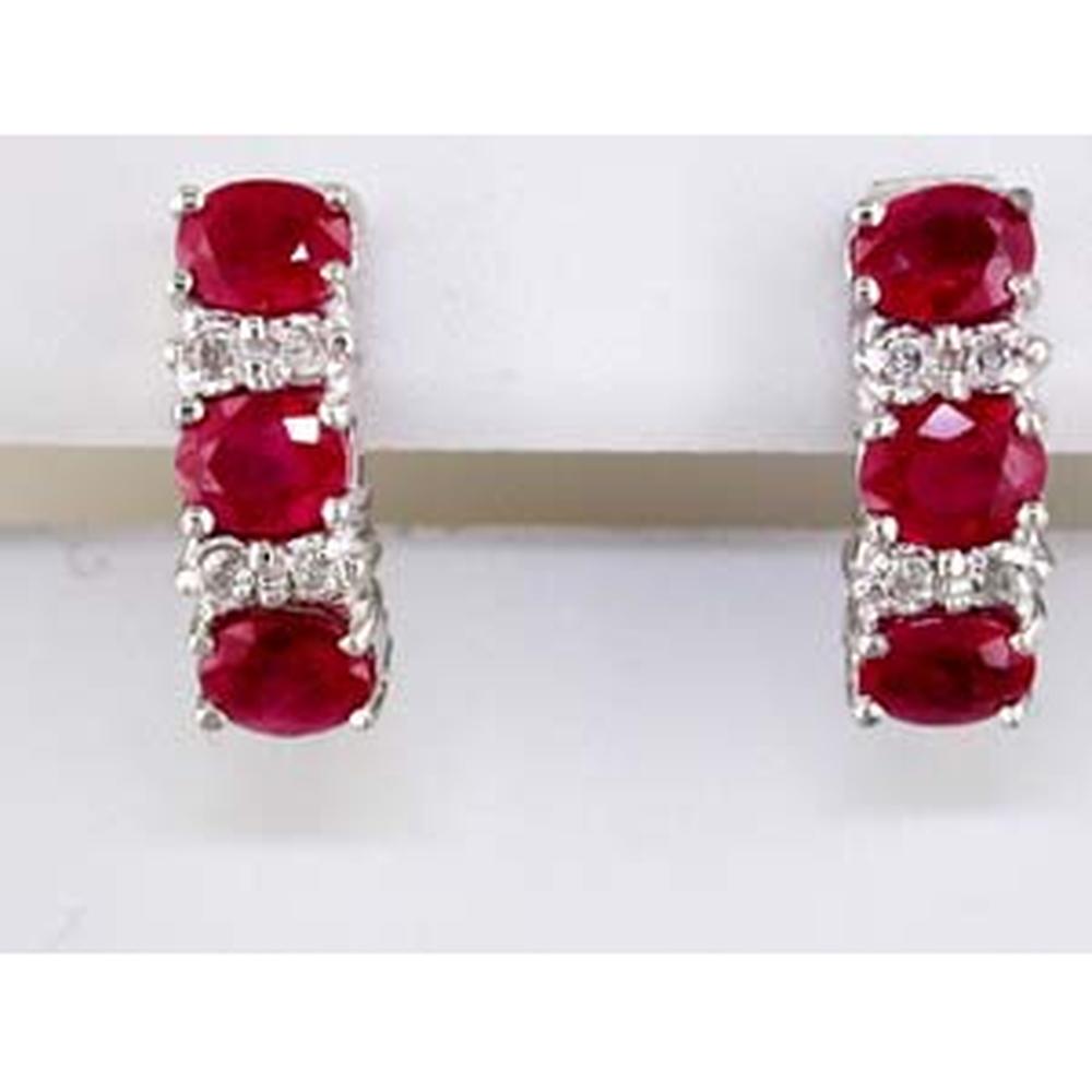 Radiant 14K White Gold Ruby & Diamond Three Stone Earrings - 2.52 Carat Total Gem Weight