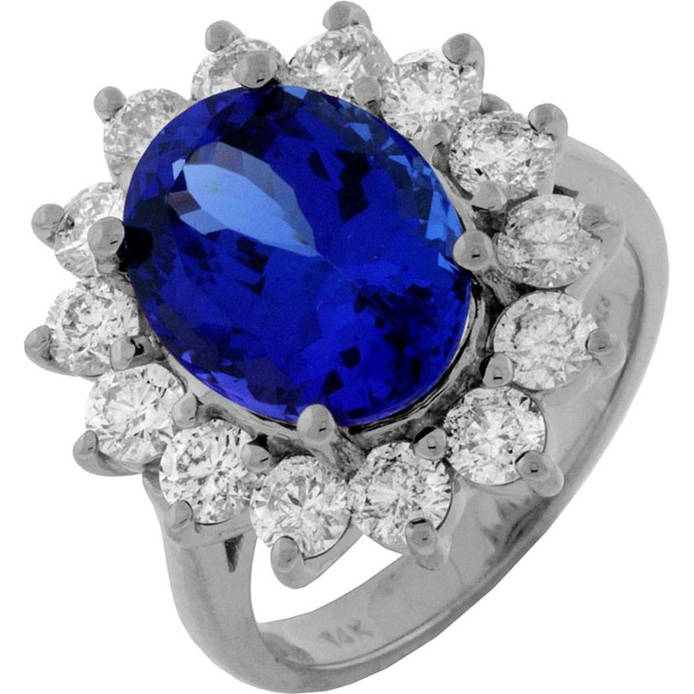 Radiant 14K White Gold Tanzanite and Diamond Oval Ring - 7.40 Carat Total Gem Weight