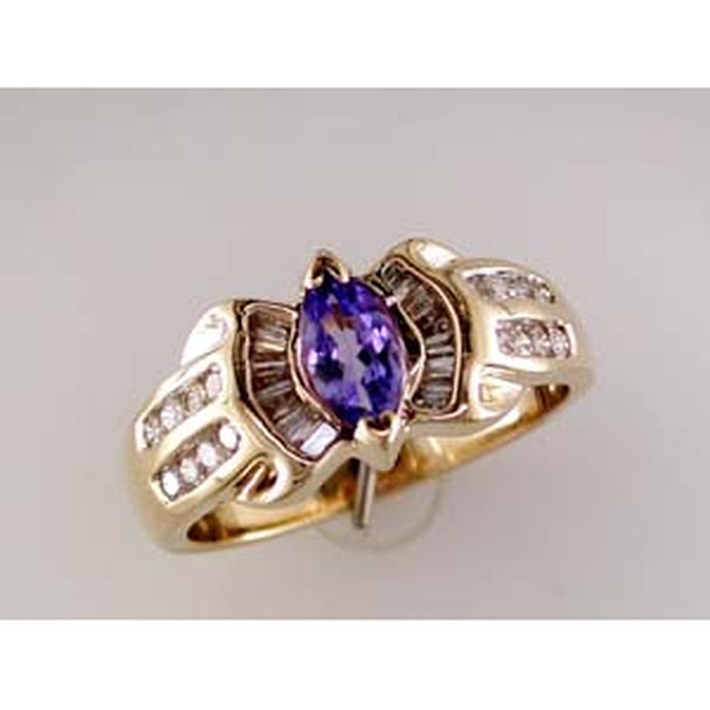 Radiant 14K Yellow Gold Tanzanite Marquise Ring with Baguette Diamonds