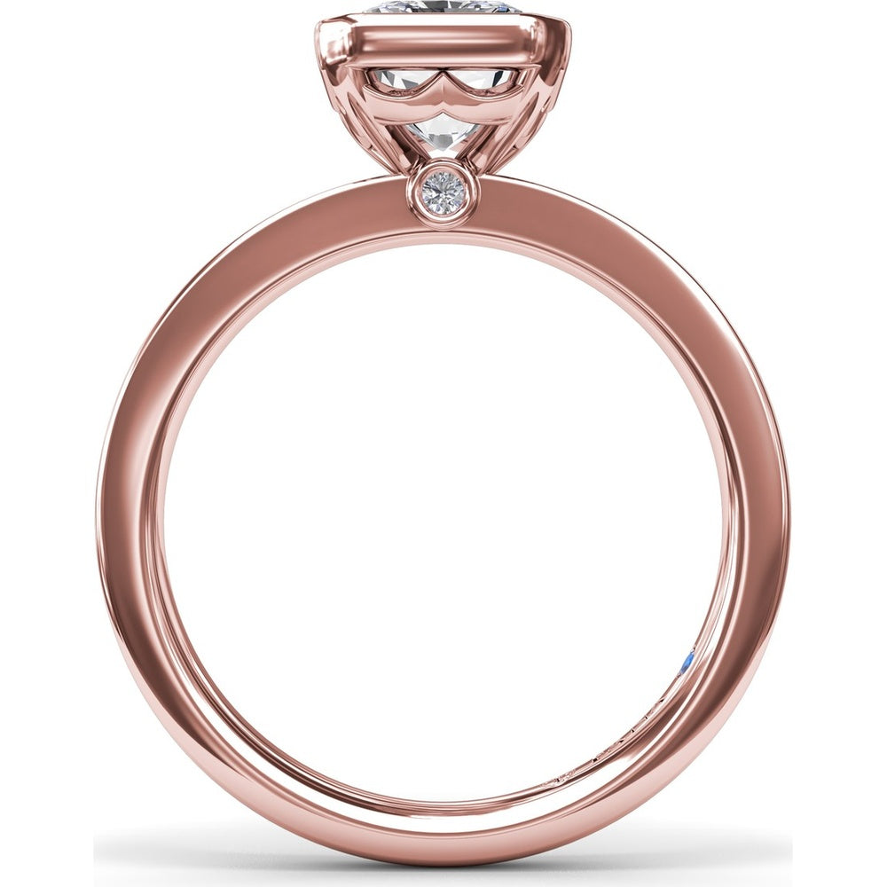 Radiant Bezel Set Engagement Ring Setting with Wide Band and Hidden Diamond Detail by Fana