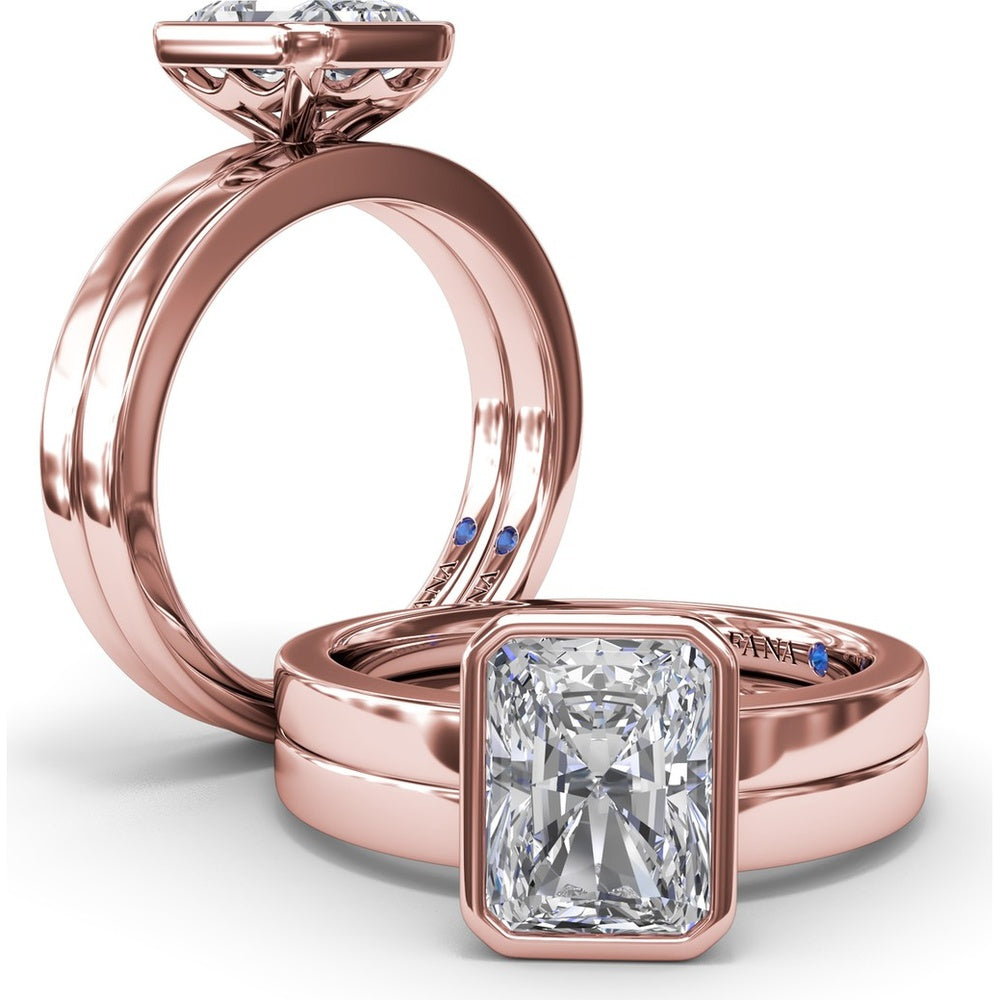 Radiant Bezel Set Engagement Ring Setting with Wide Band and Hidden Diamond Detail by Fana