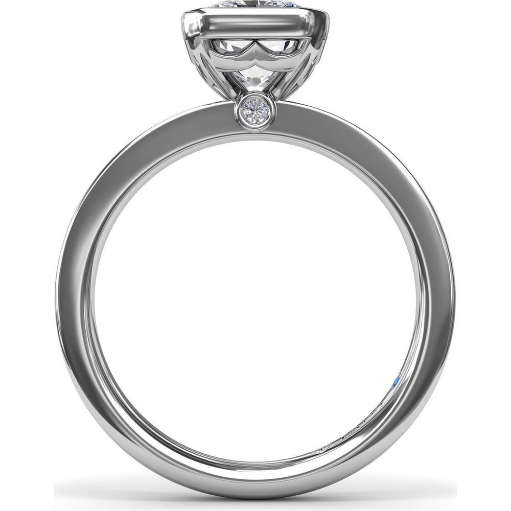 Radiant Bezel Set Engagement Ring Setting with Wide Band and Hidden Diamond Detail by Fana