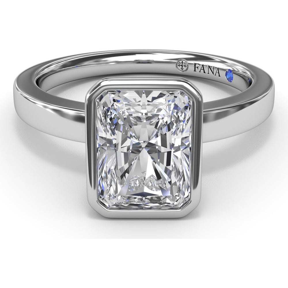 Radiant Bezel Set Engagement Ring Setting with Wide Band and Hidden Diamond Detail by Fana