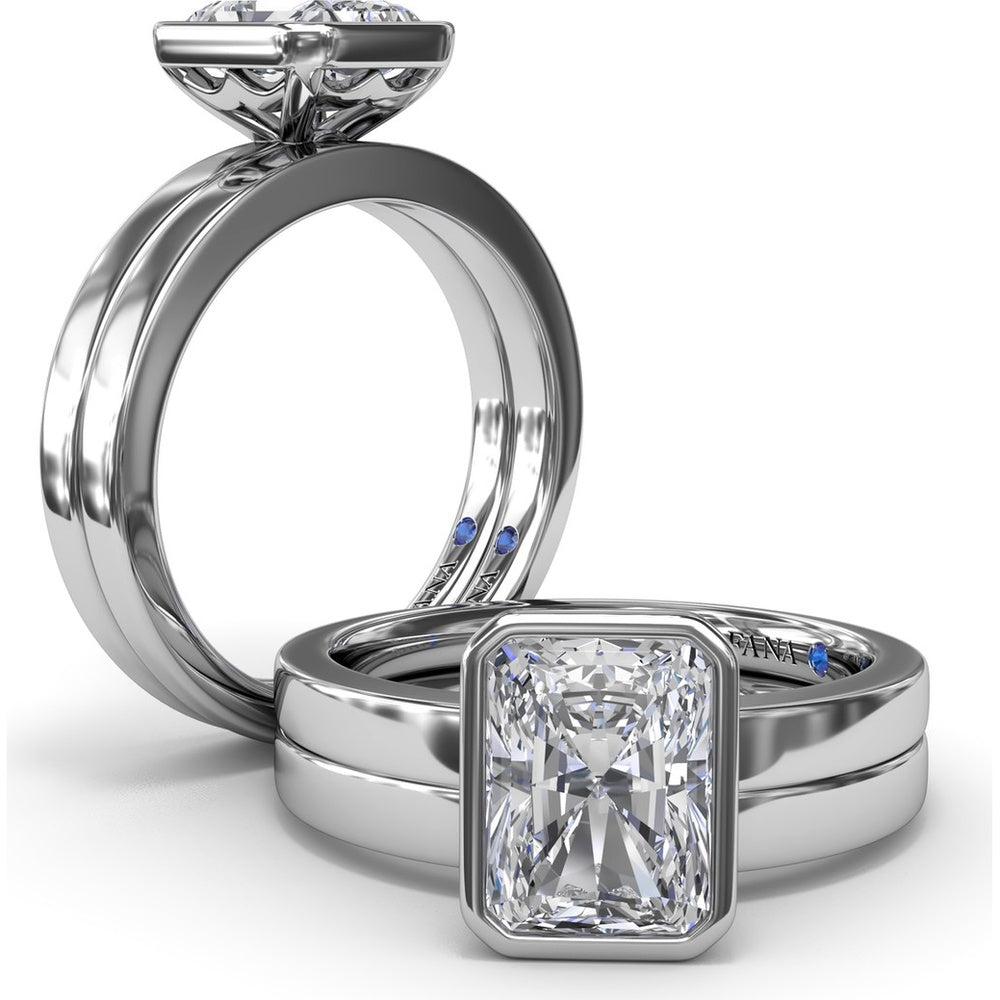 Radiant Bezel Set Engagement Ring Setting with Wide Band and Hidden Diamond Detail by Fana