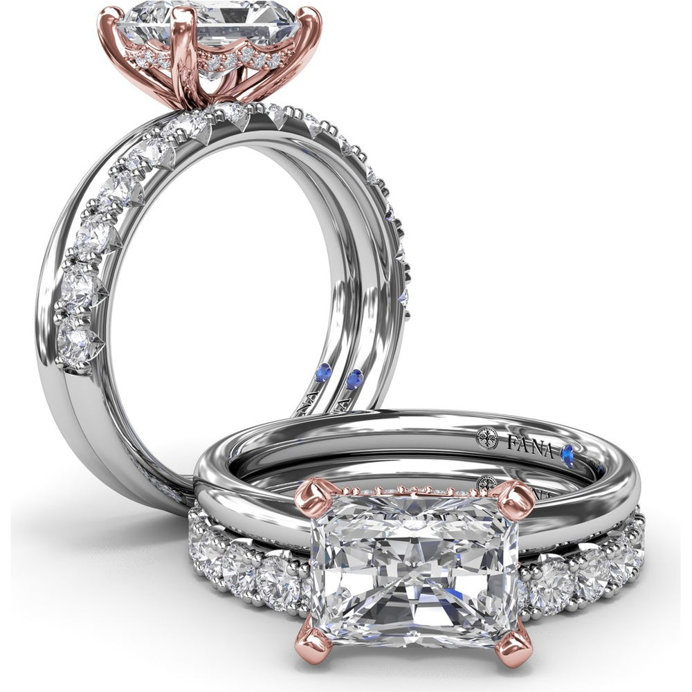 Radiant East-West Solitaire Engagement Ring Setting with Hidden Halo and Peek-A-Boo Diamond by Fana - 0.02 Carat Total Diamond Weight