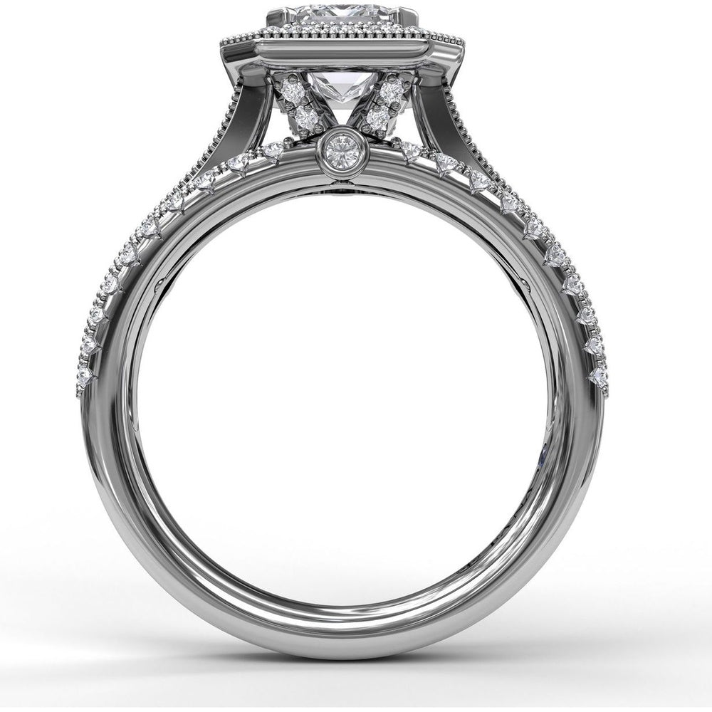 Radiant Halo Engagement Ring Setting with Triple Pavé Split Shank Band by Fana - 0.75 Carat Total Diamond Weight