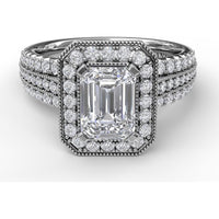 Radiant Halo Engagement Ring Setting with Triple Pavé Split Shank Band by Fana - 0.75 Carat Total Diamond Weight