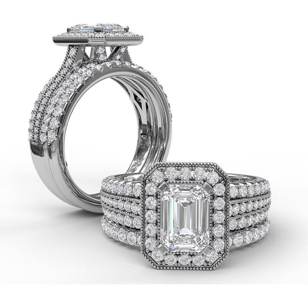 Radiant Halo Engagement Ring Setting with Triple Pavé Split Shank Band by Fana - 0.75 Carat Total Diamond Weight