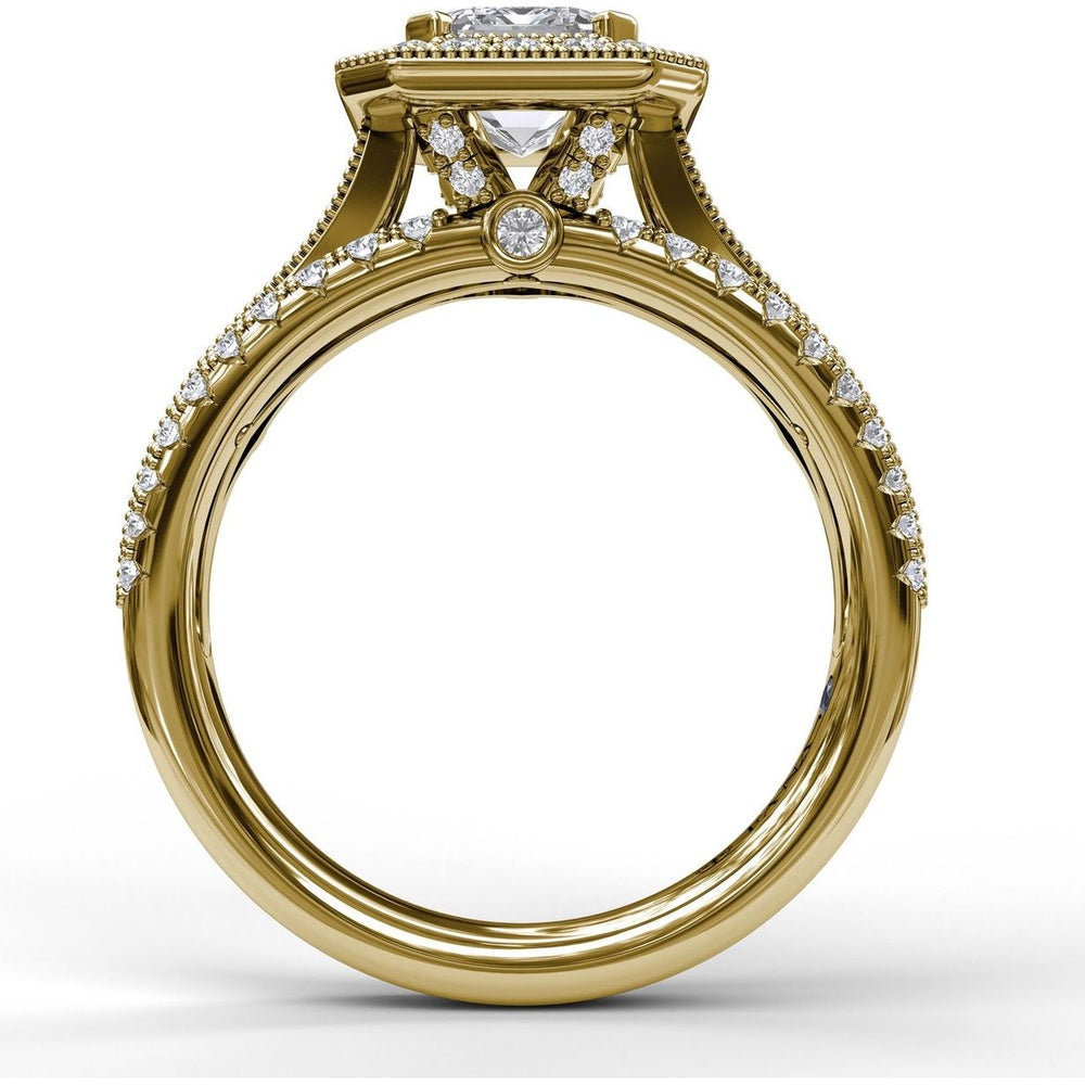 Radiant Halo Engagement Ring Setting with Triple Pavé Split Shank Band by Fana - 0.75 Carat Total Diamond Weight