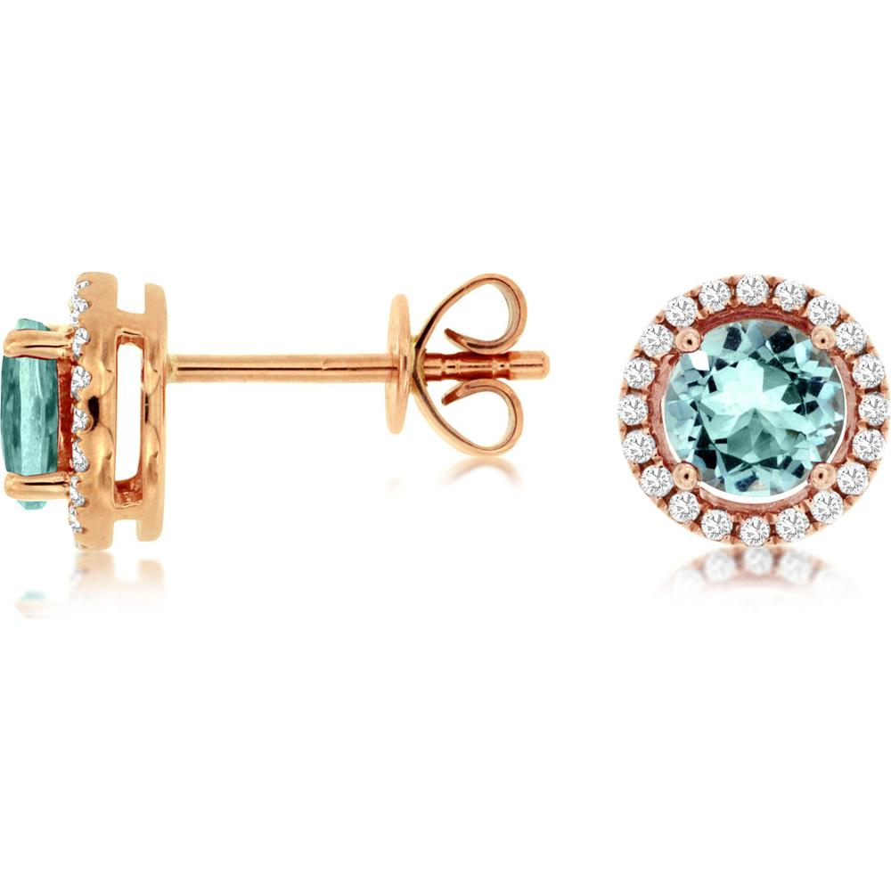 Radiant Rose Gold Aqua & Diamond Halo Stud Earrings