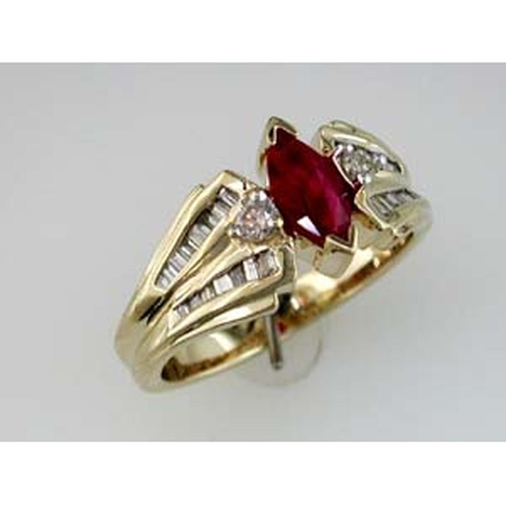 Regal 14K Yellow Gold Marquise Ruby & Diamond Halo Ring - 0.55 Carat Ruby, 0.50 Carat Total Diamond Weight