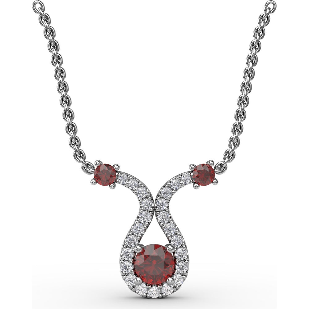 Ribbon Twist Pendant with Round Ruby and Pavé Diamond Halo by Fana - 0.52 Carat Total Gemstone Weight