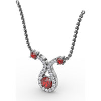 Ribbon Twist Pendant with Round Ruby and Pavé Diamond Halo by Fana - 0.52 Carat Total Gemstone Weight